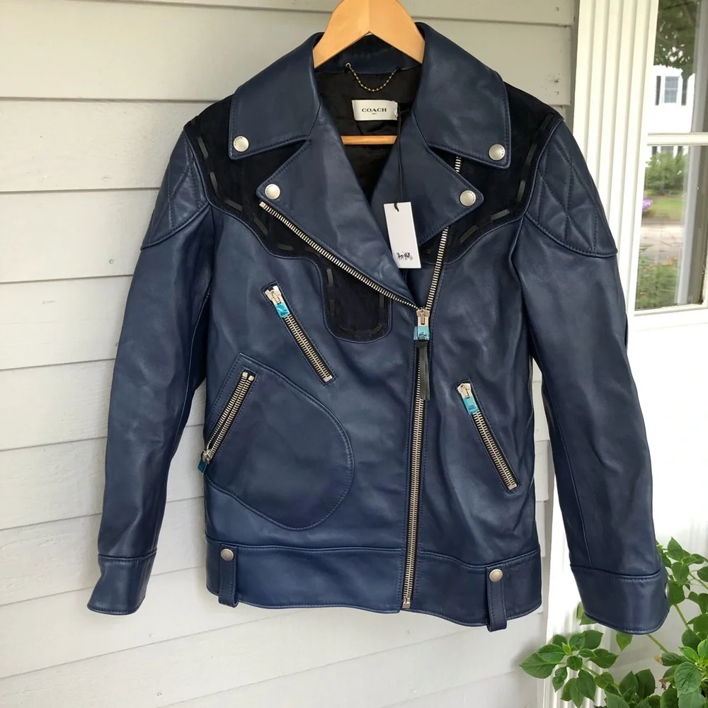 Coach Jacket Moto Leather Blue Zippers NWT 4